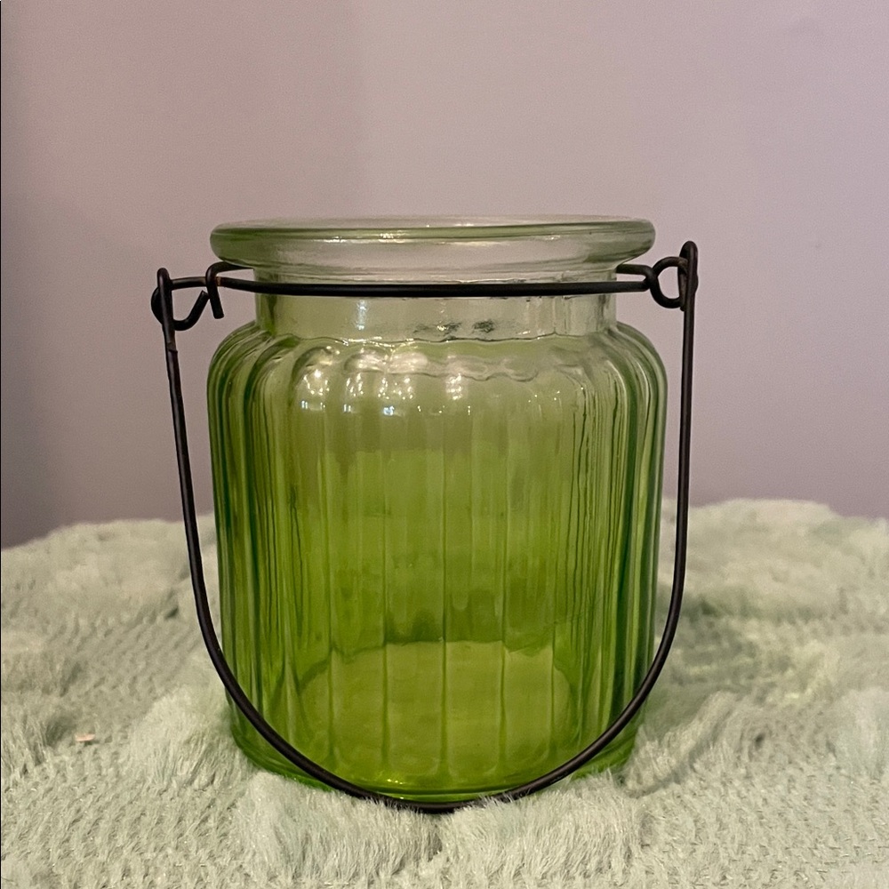 Green ribbed Glass Jar with Handle vintage piece